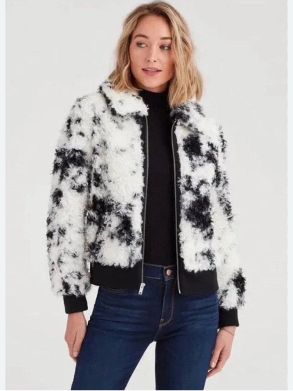 7 For All Mankind Black and White Teddy Zip Jacket
